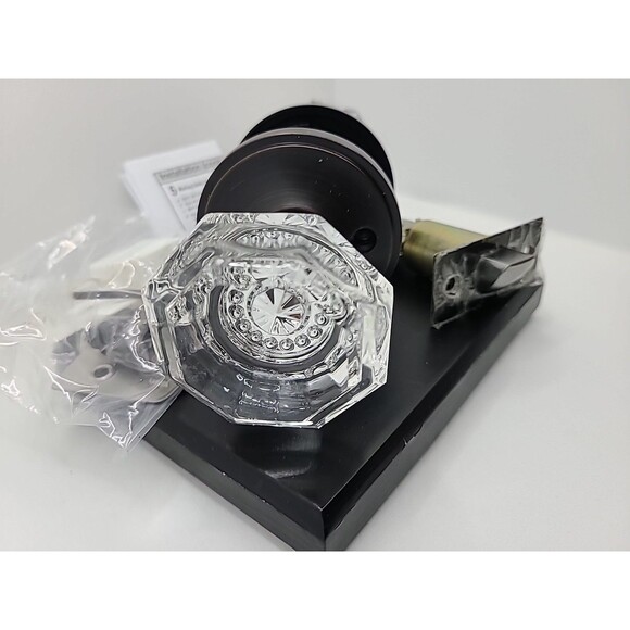 Elegant Oil Bronze Black Diamond Glass Door Knob Set with Plate - Picture 4 of 7